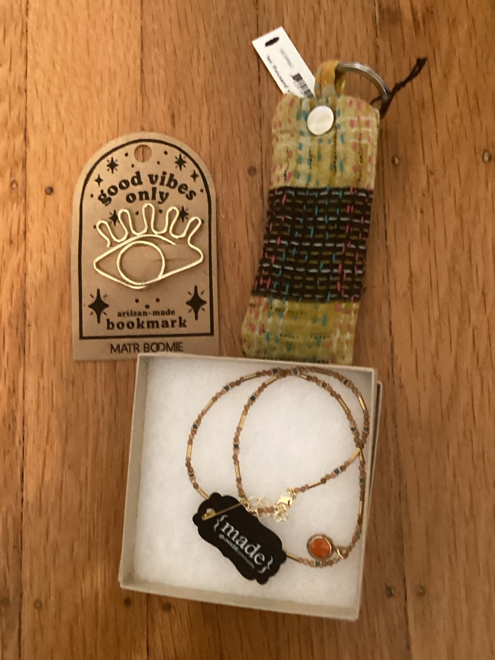 Handcrafted hippie woven bookmark, necklace, and lip balm holder set